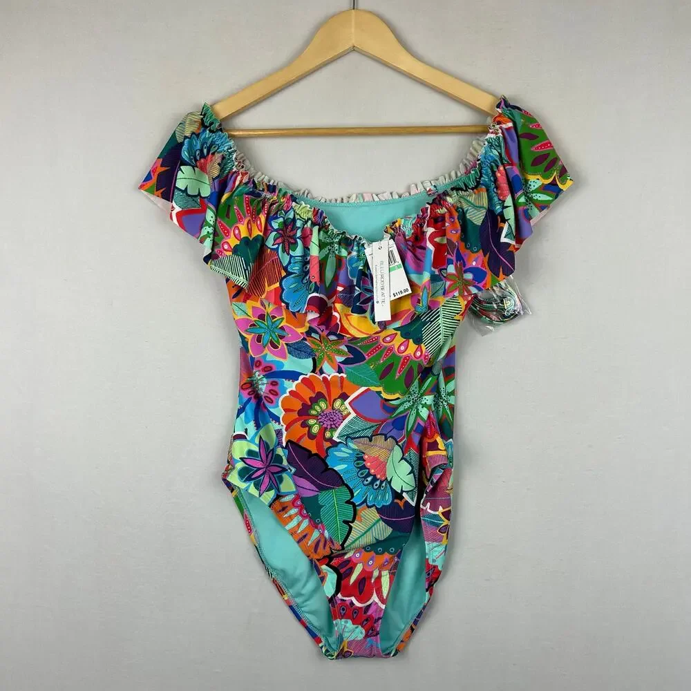 Bleu Rod Beattie Make It Pop Ruffle Shoulder Swimsuit RBMP22738-TJ Womens Size 8